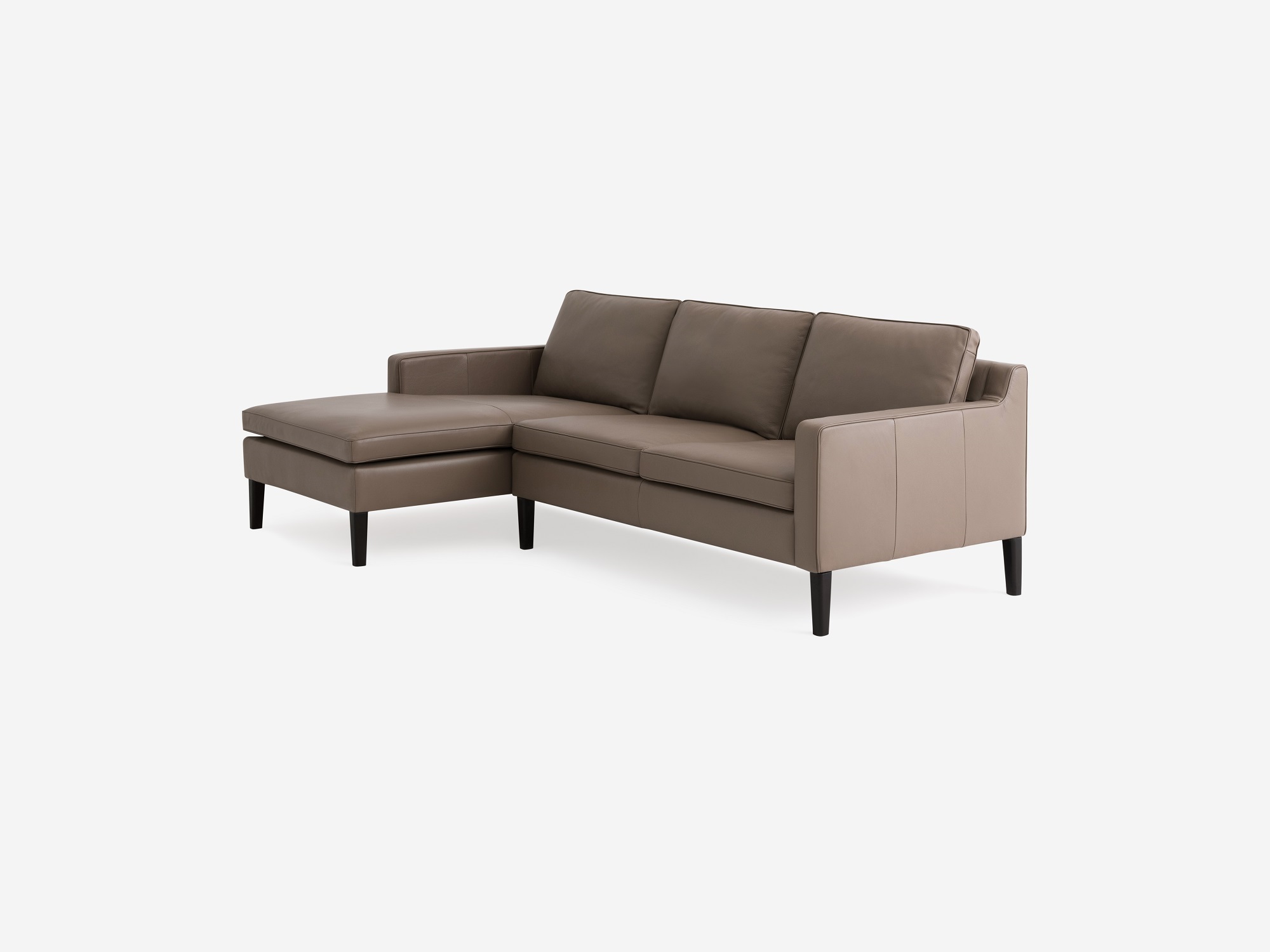 Angled view of the Skye modern sectional sofa in grey leather with left hand facing chaise